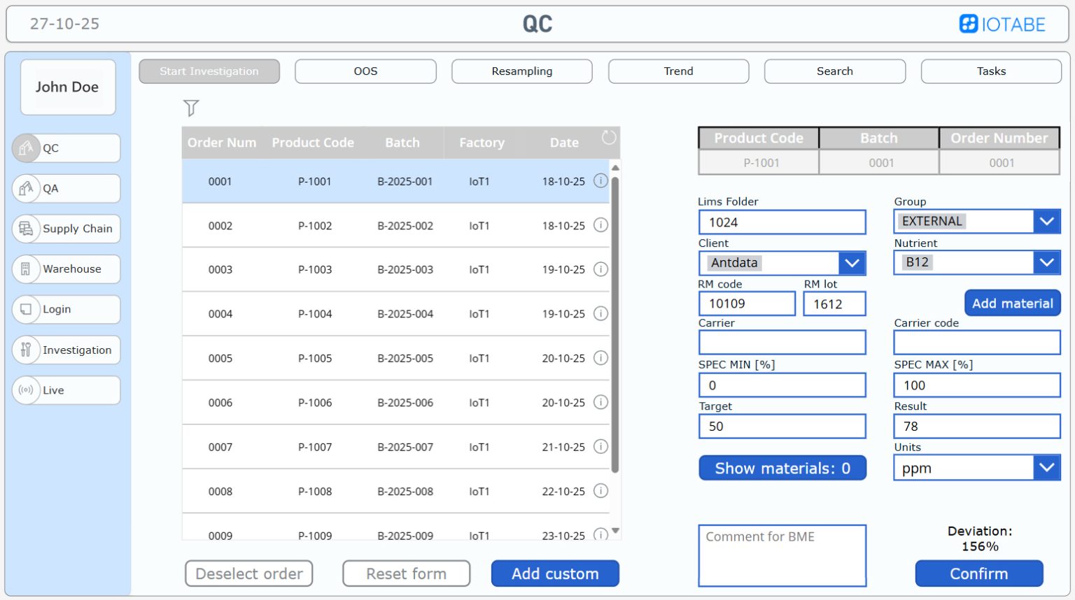 Quality and materials inspection interface showing recorded defects, foreign material incidents, and batch-related data