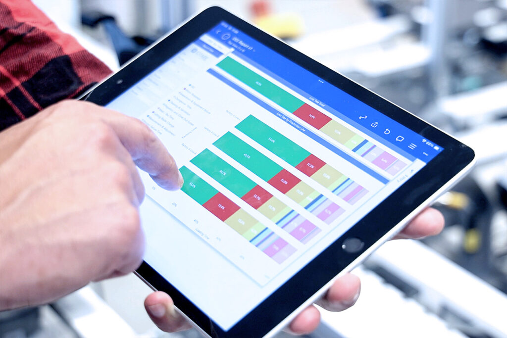 Raport CORE OEE w Power BI wyświetlany na tablecie na hali produkcyjnej