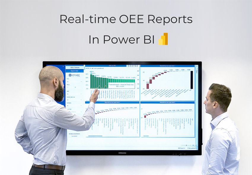 Raporty OEE w czasie rzeczywistym wyświetlane na dużym ekranie w Microsoft Power BI