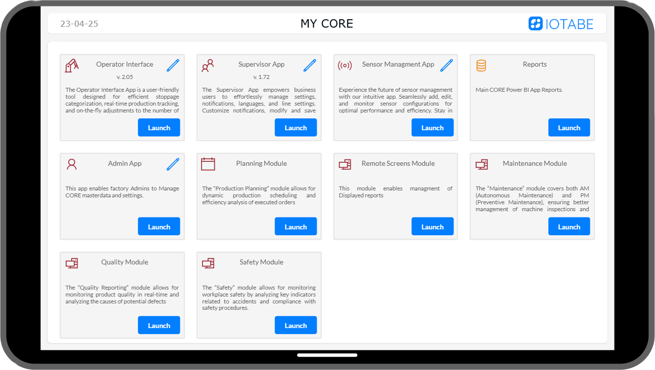 Panel MY CORE z aplikacjami do monitorowania i zarządzania produkcją